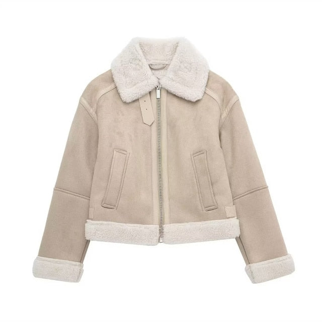 Beige Classic Suede Shearling Jacket for Winter