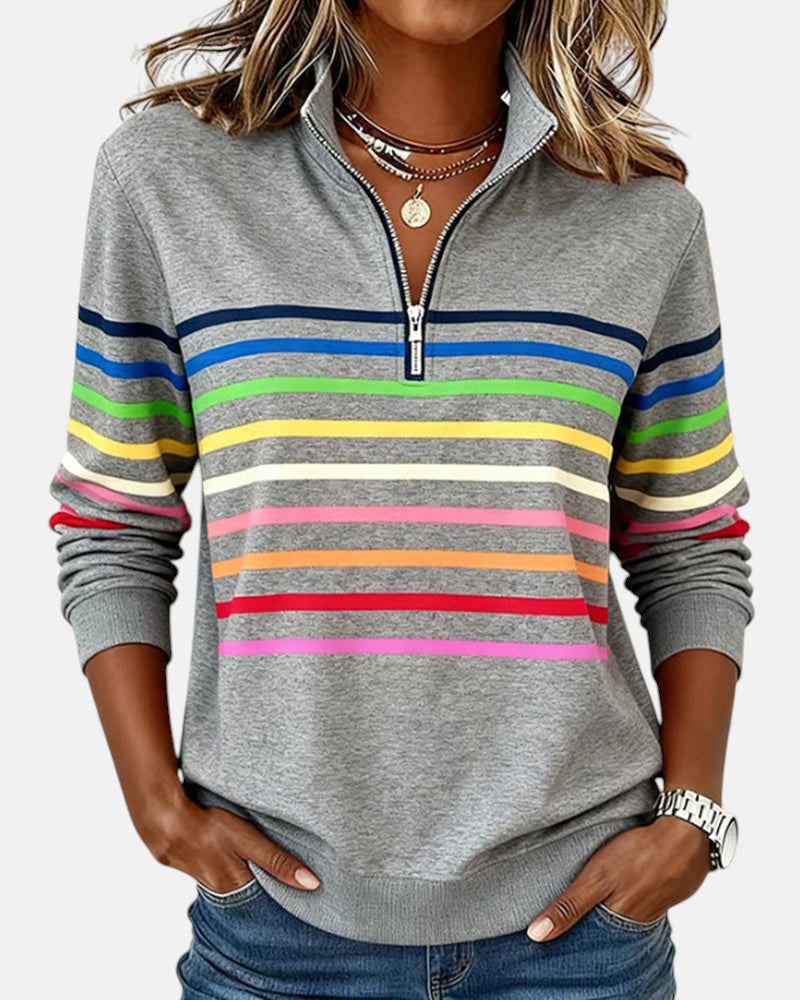 Women's rainbow striped zip sweatshirt in gray