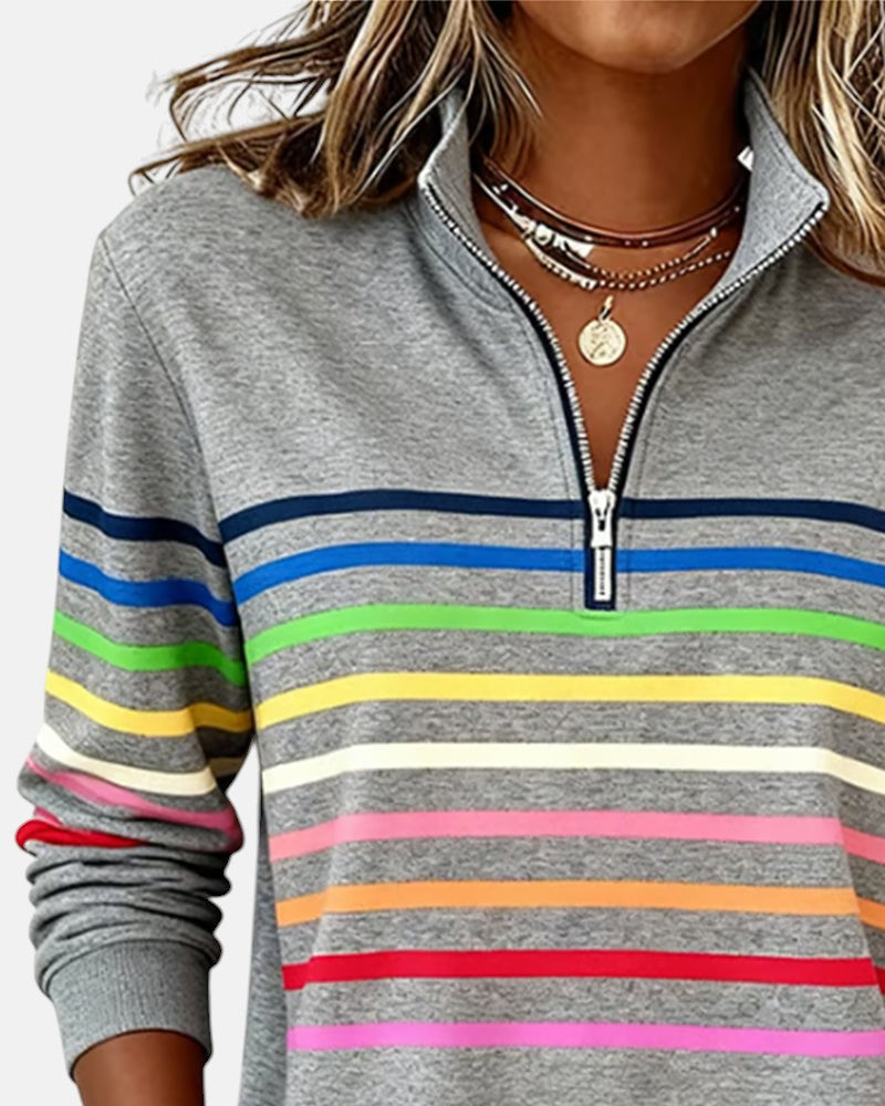 Women's rainbow striped zip sweatshirt in gray