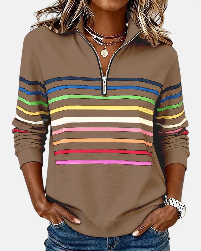 Women's rainbow striped zip sweatshirt in khaki