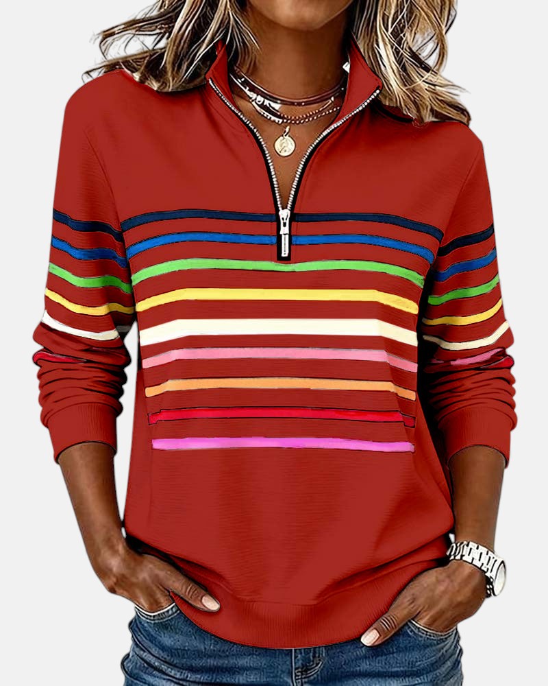 Women's rainbow striped zip sweatshirt in red