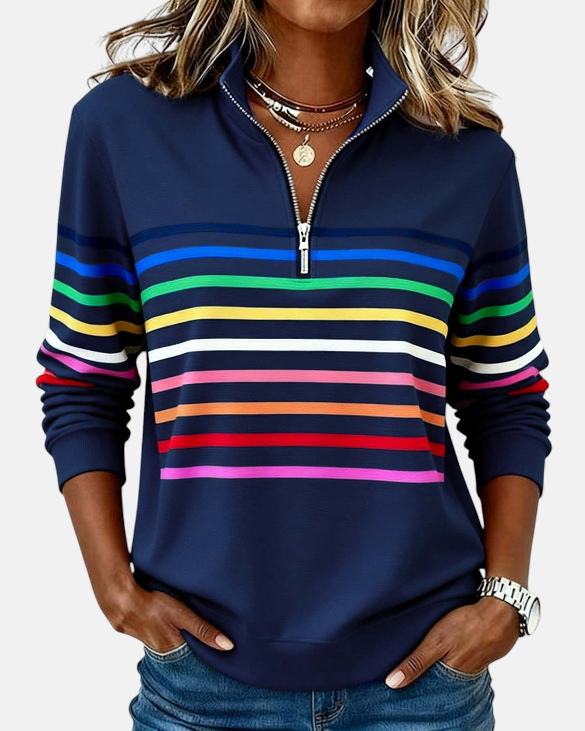 Women's rainbow striped zip sweatshirt in navy blue