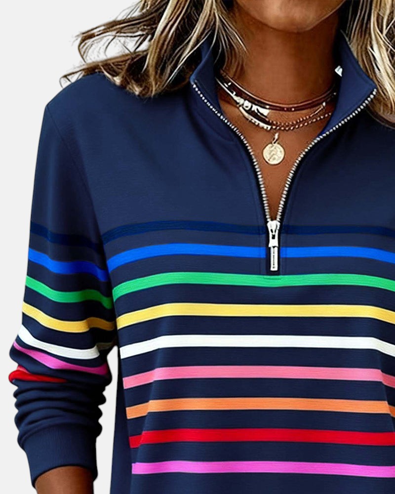 Women's rainbow striped zip sweatshirt in navy blue