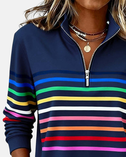 Women's rainbow striped zip sweatshirt in navy blue