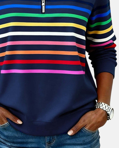 Women's rainbow striped zip sweatshirt in navy blue