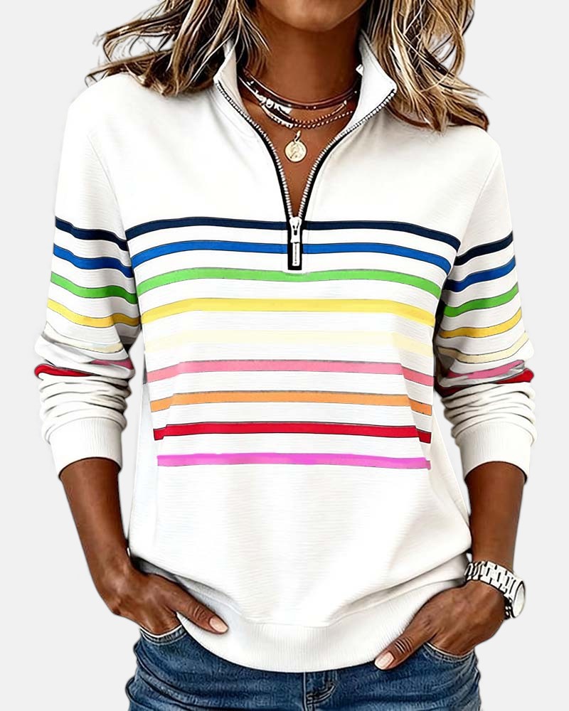 Women's rainbow striped zip sweatshirt in white