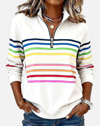 Women's rainbow striped zip sweatshirt in white