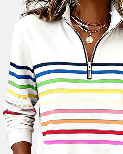 Women's rainbow striped zip sweatshirt in white