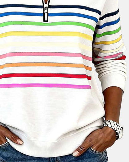 Women's rainbow striped zip sweatshirt in white