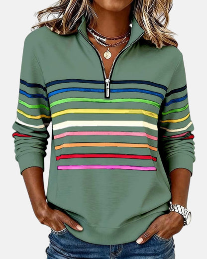 Women's rainbow striped zip sweatshirt in green