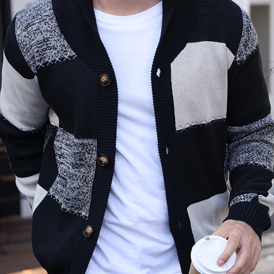 Men's Color-Blocked Cardigan, Button-Up Winter Knitwear