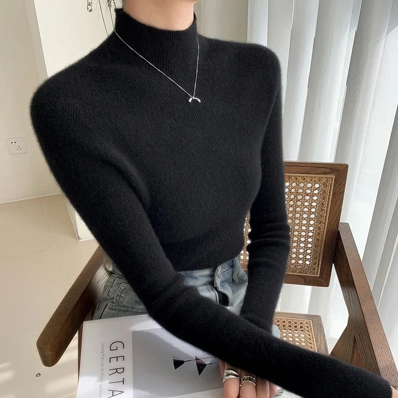 Women's classic black slim fit cashmere half turtleneck sweater