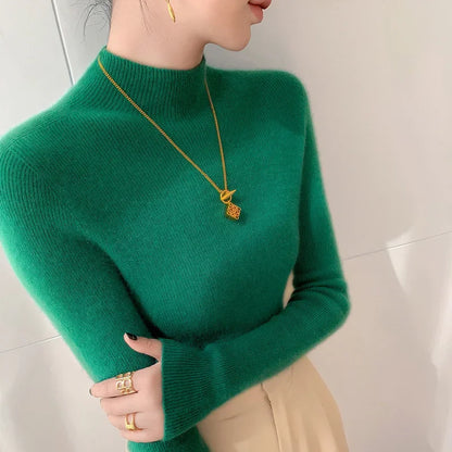 Women's emerald green slim fit cashmere half turtleneck sweater