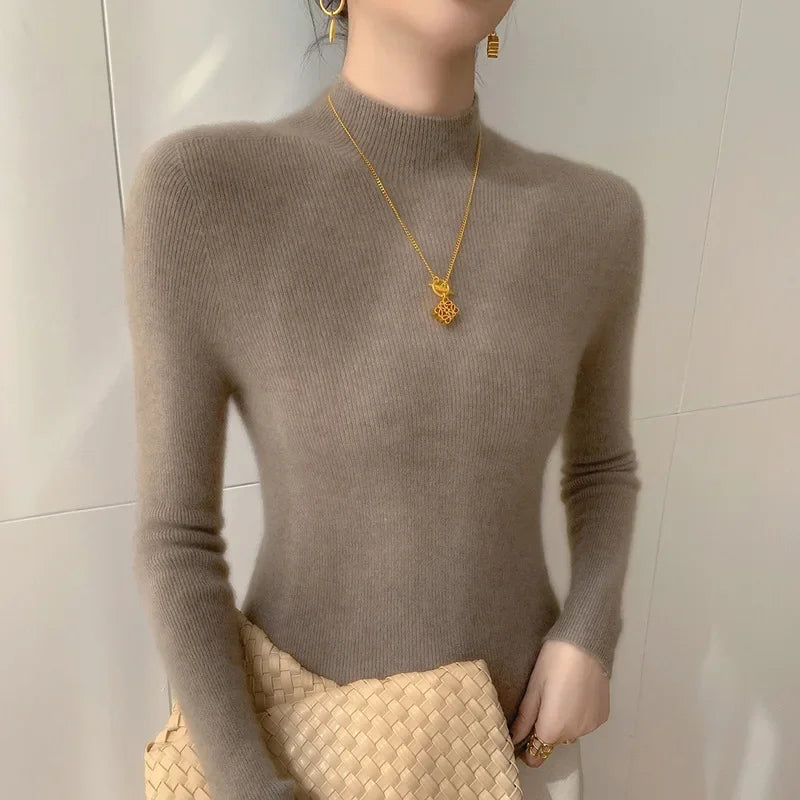 Women's camel slim fit cashmere half turtleneck sweater