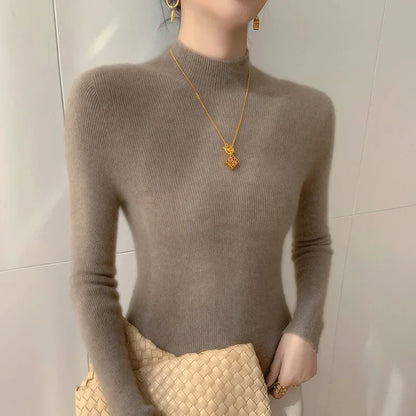 Women's camel slim fit cashmere half turtleneck sweater