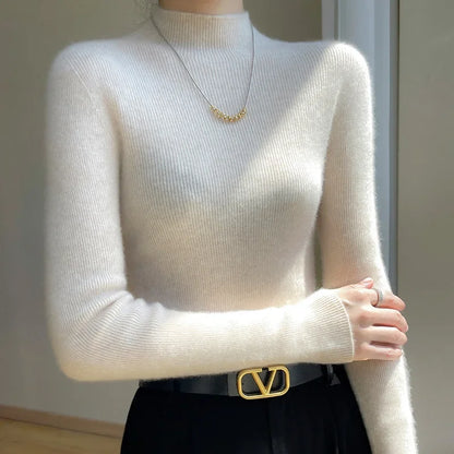 Women's white slim fit cashmere half turtleneck sweater
