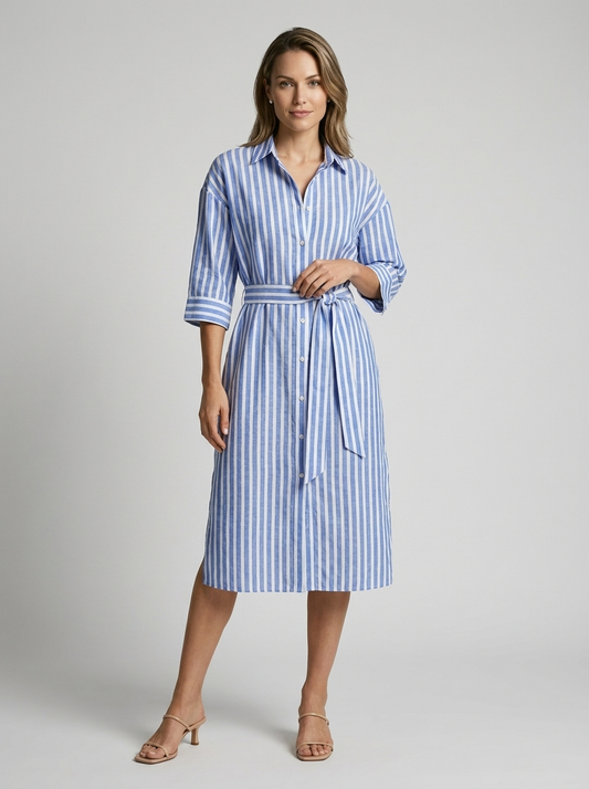 Women's blue Striped Button-Front Shirt Dress