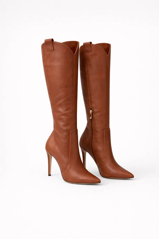 Women's brown leather knee-high stiletto boots with pointed toe