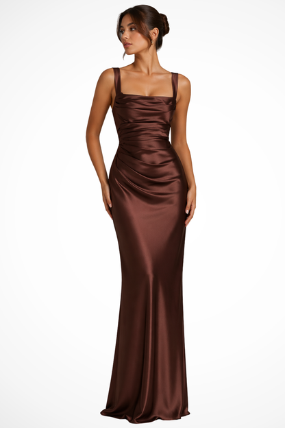 Women's black square neck ruched satin maxi wedding guest dress