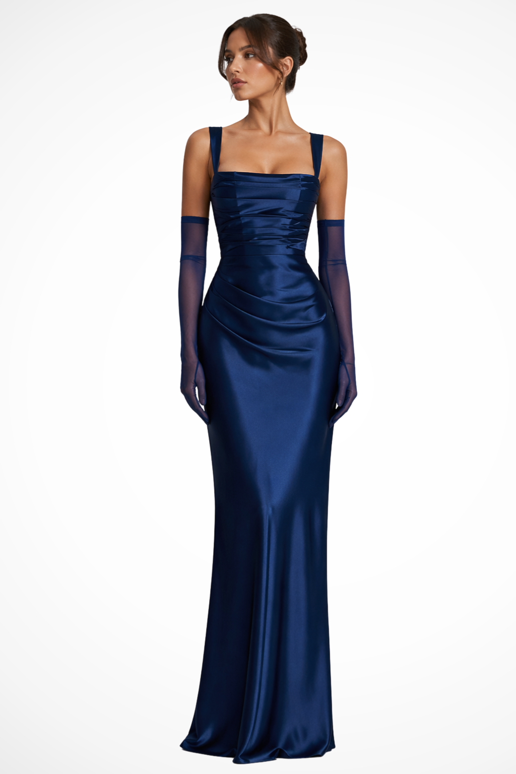 Women's black square neck ruched satin maxi wedding guest dress