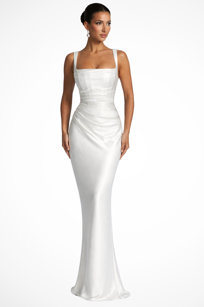 Women's black square neck ruched satin maxi wedding guest dress