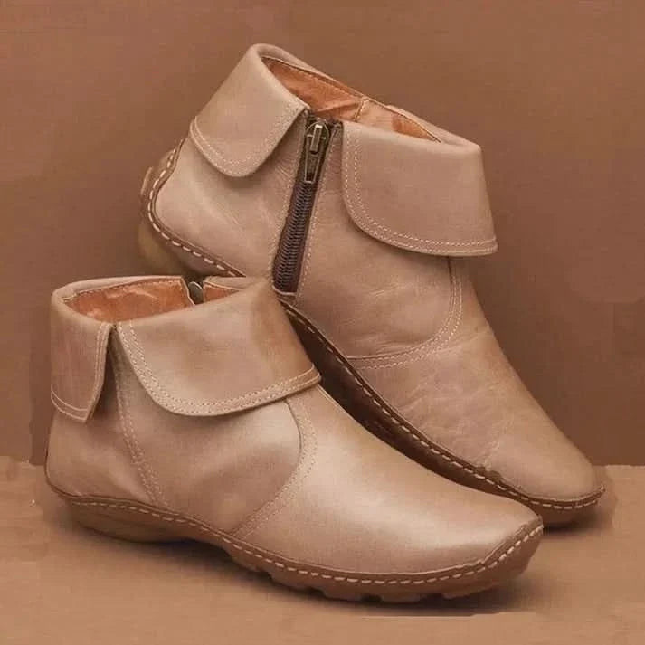 Women's beige fold-over ankle boots with side zip