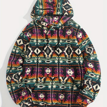 Men's Plush Pullover Hoodie, Patterned Winter Style