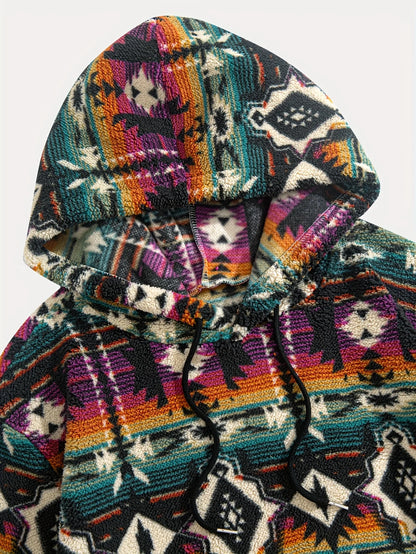 Men's Plush Pullover Hoodie, Patterned Winter Style