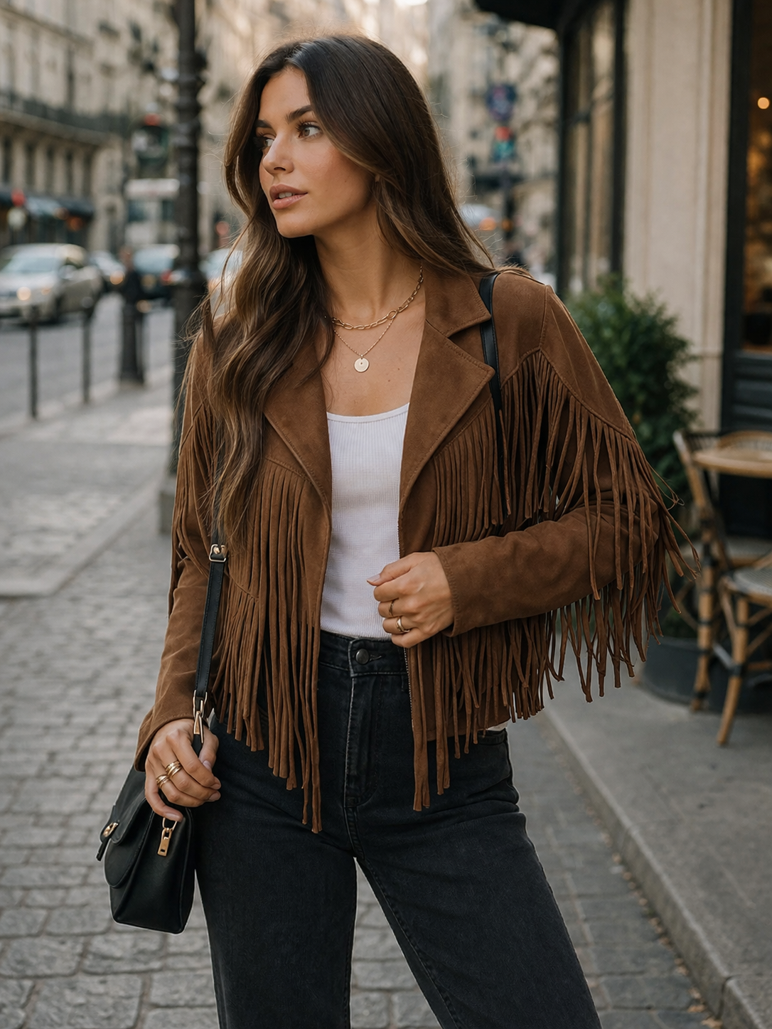 Women's brown cropped fringe jacket with western tassel detailing