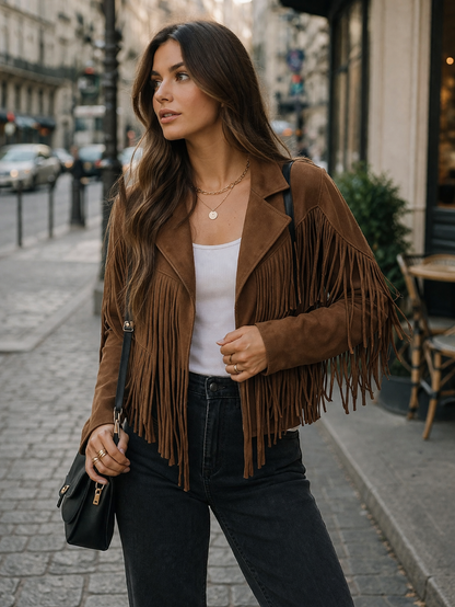 Women's brown cropped fringe jacket with western tassel detailing