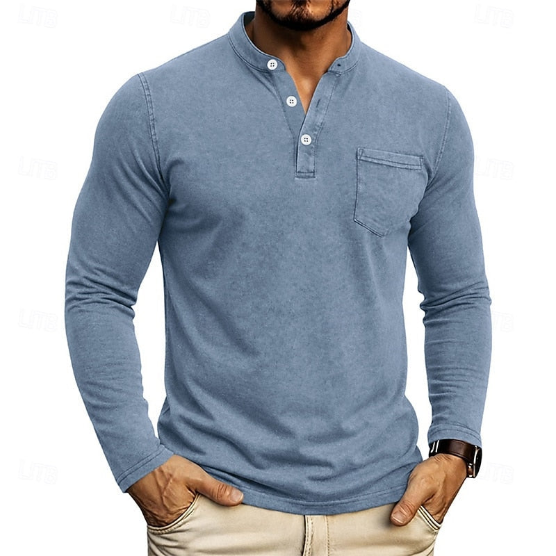Navy Blue Men's Henley Shirt with Chest Pocket