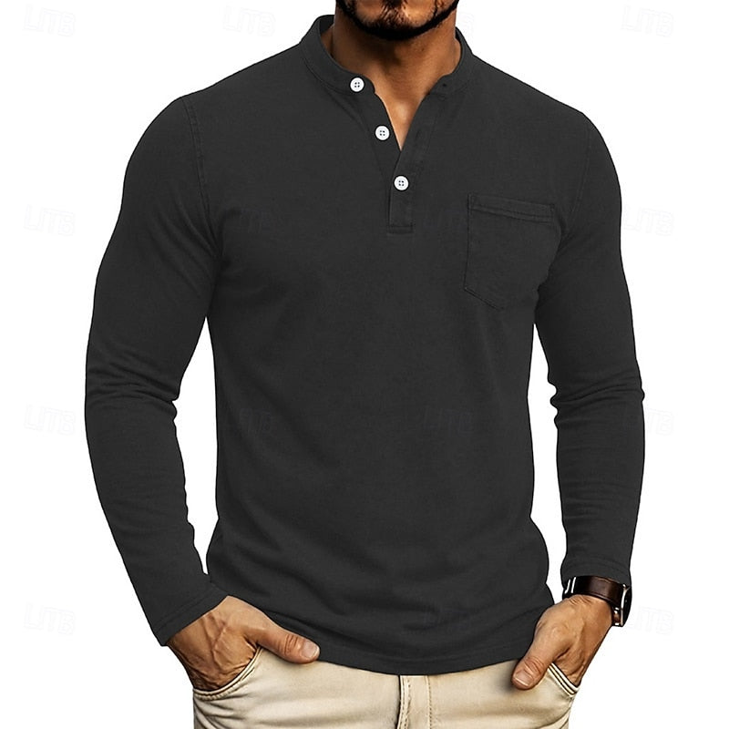 Black Men's Henley Shirt with Chest Pocket