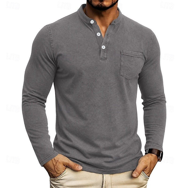 Dark Grey Men's Henley Shirt with Chest Pocket