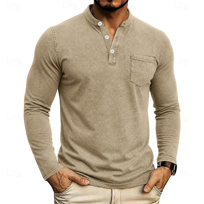 Khaki Men's Henley Shirt with Chest Pocket