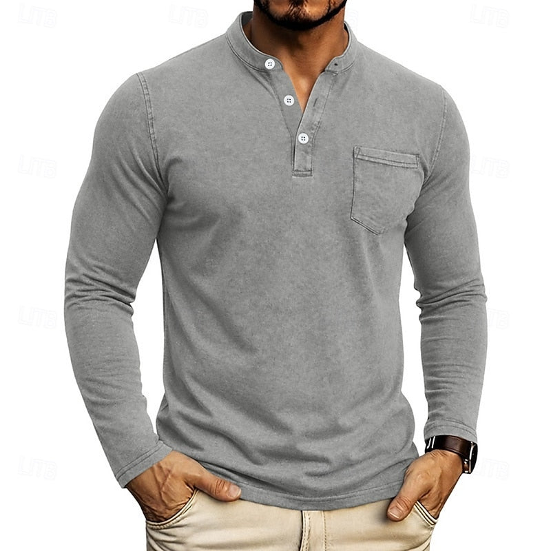 Light Grey Men's Henley Shirt with Chest Pocket