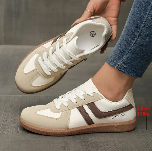 Women's cream brown wide toe box lace-up shoes