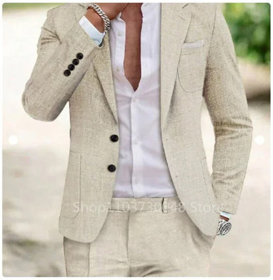 Men's beige two piece linen suit with blazer and pants