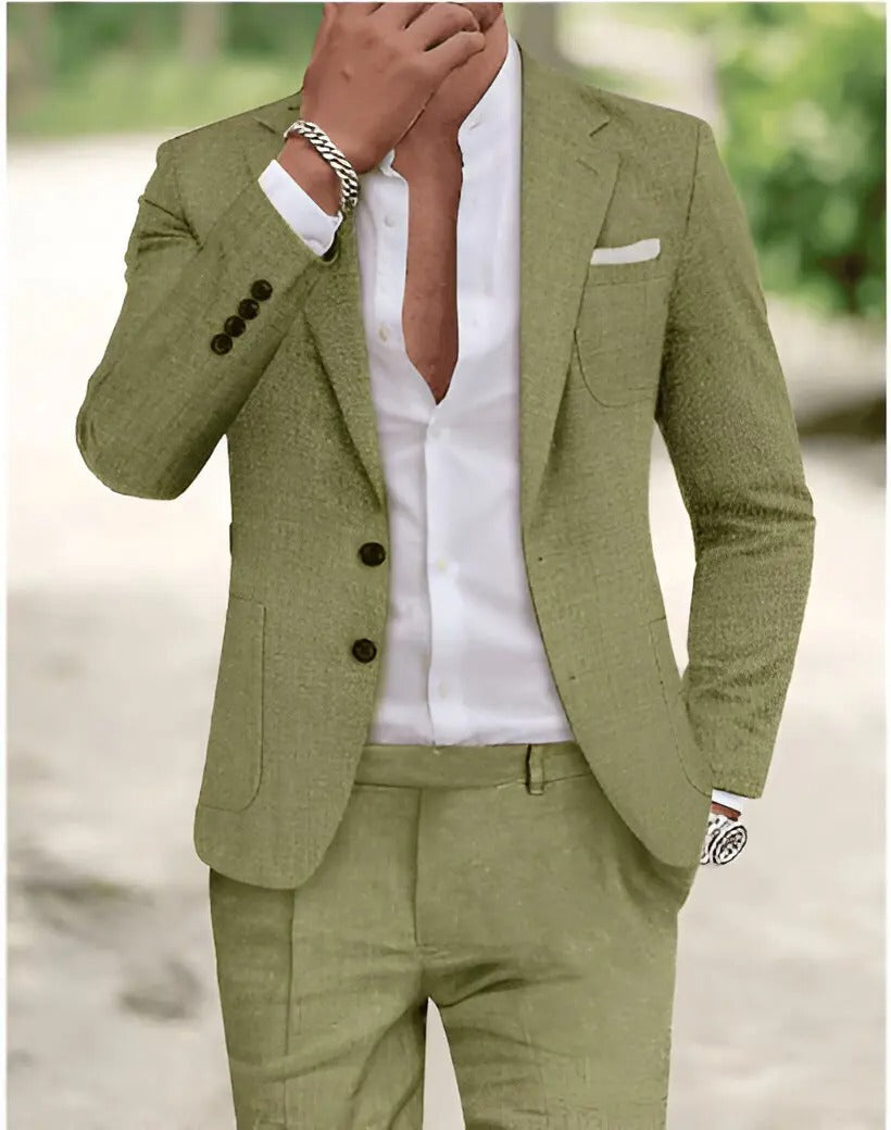 Men's beige two piece linen suit with blazer and pants