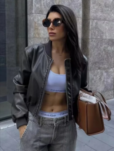 Cropped Suede Bomber Jacket with Elasticated Cuffs