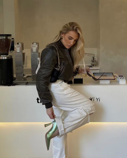Cropped Suede Bomber Jacket with Elasticated Cuffs – view 3