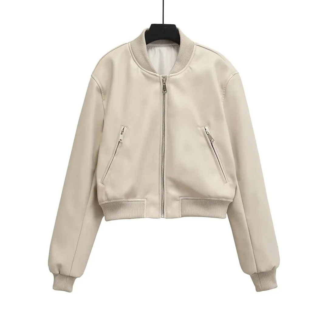 Creme Cropped Suede Bomber Jacket with Elasticated Cuffs