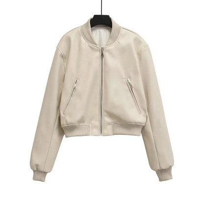 Creme Cropped Suede Bomber Jacket with Elasticated Cuffs