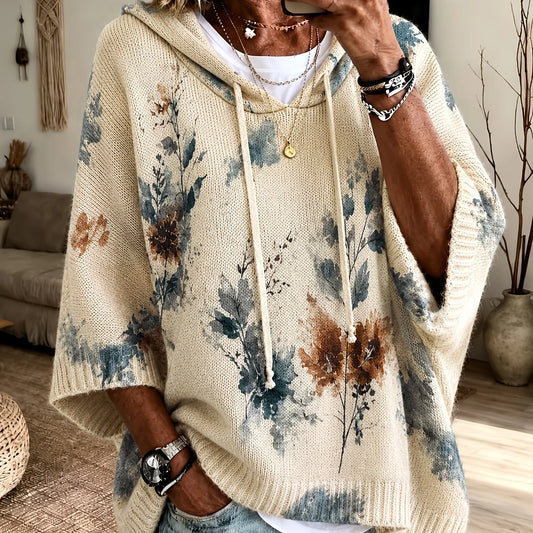 Women's Hooded Floral Sweater, Cape-Sleeve Knit Top