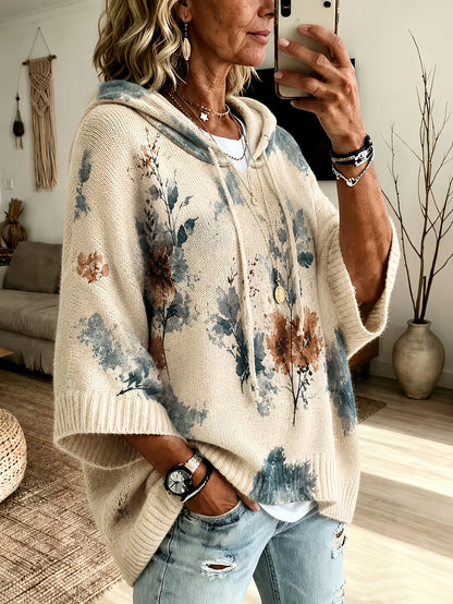 Women's Hooded Floral Sweater, Cape-Sleeve Knit Top