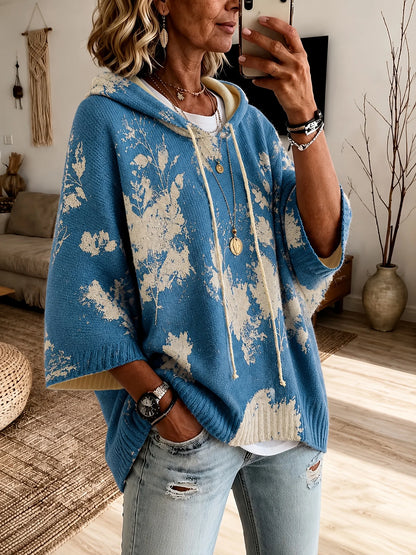 Women's Hooded Floral Sweater, Cape-Sleeve Knit Top