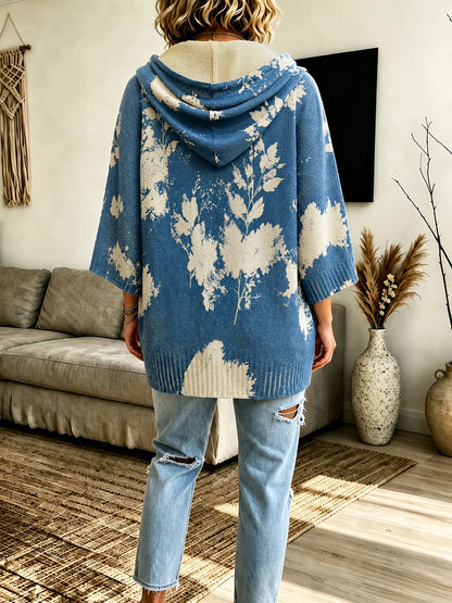 Women's Hooded Floral Sweater, Cape-Sleeve Knit Top