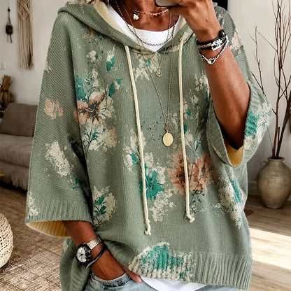 Women's Hooded Floral Sweater, Cape-Sleeve Knit Top