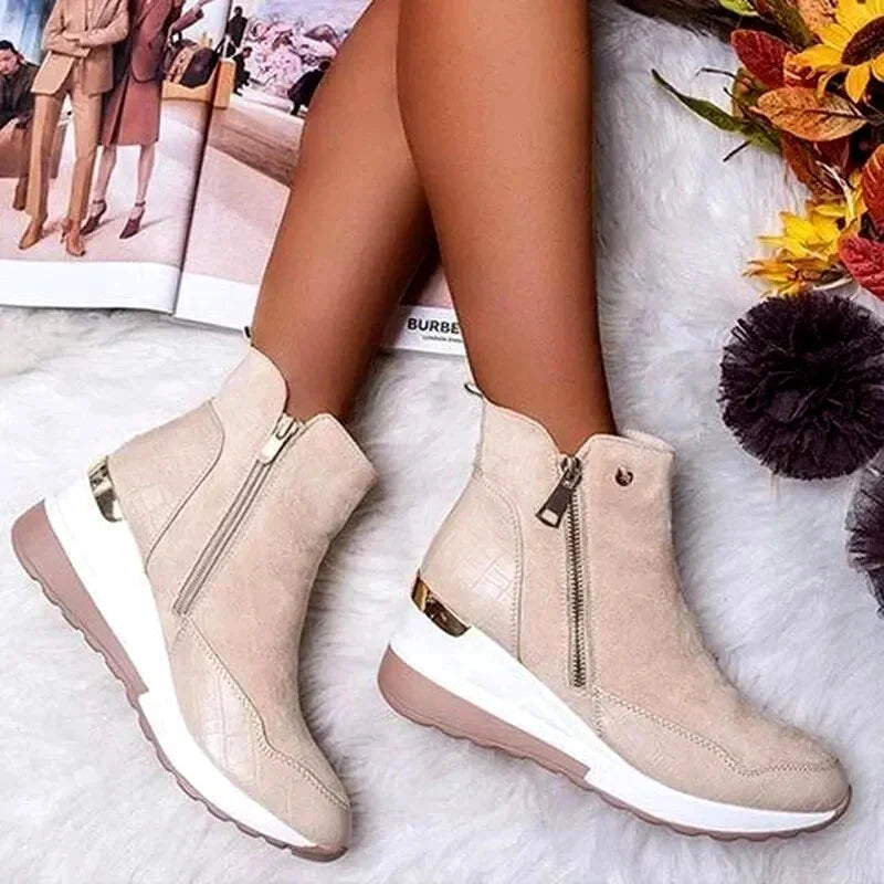 Women's beige hidden wedge ankle boots with side zip