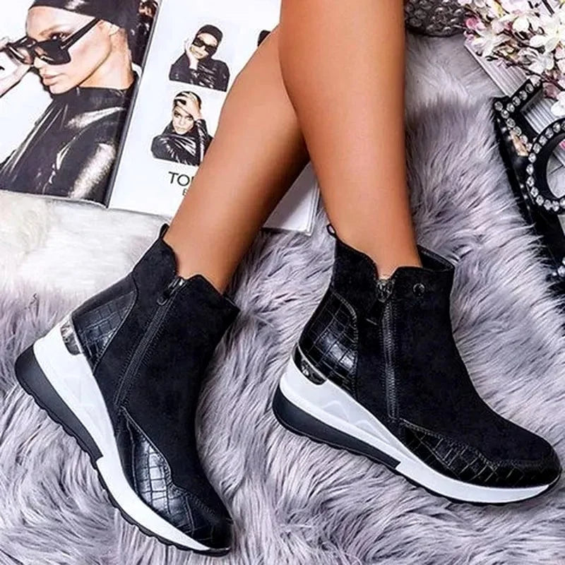 Women's black hidden wedge ankle boots with side zip