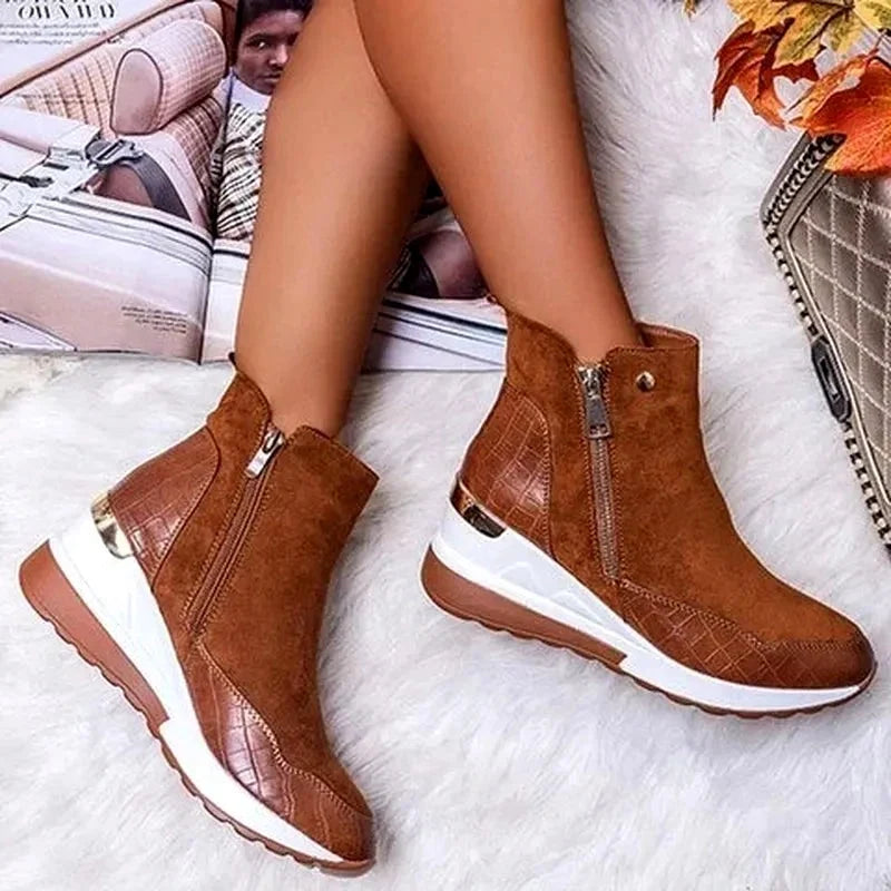 Women's cognac hidden wedge ankle boots with side zip